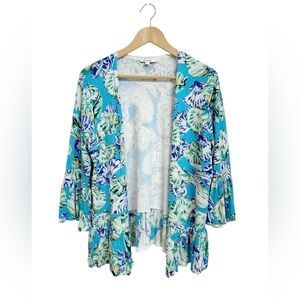 Chico's Coastal Cardi Sweater Shell Print Linen Blend Size 2 Large NWT